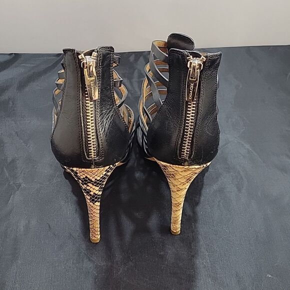 COACH JOSEY WOMEN'S BLACK LEATHER SNAKE HIGH HEELS OPEN TOE SHOES - Picture 12 of 16
